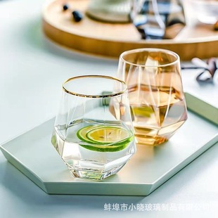 杯logo 六角玻璃杯网红创意炫彩金边透明家用酒吧KTV洋酒水杯促销