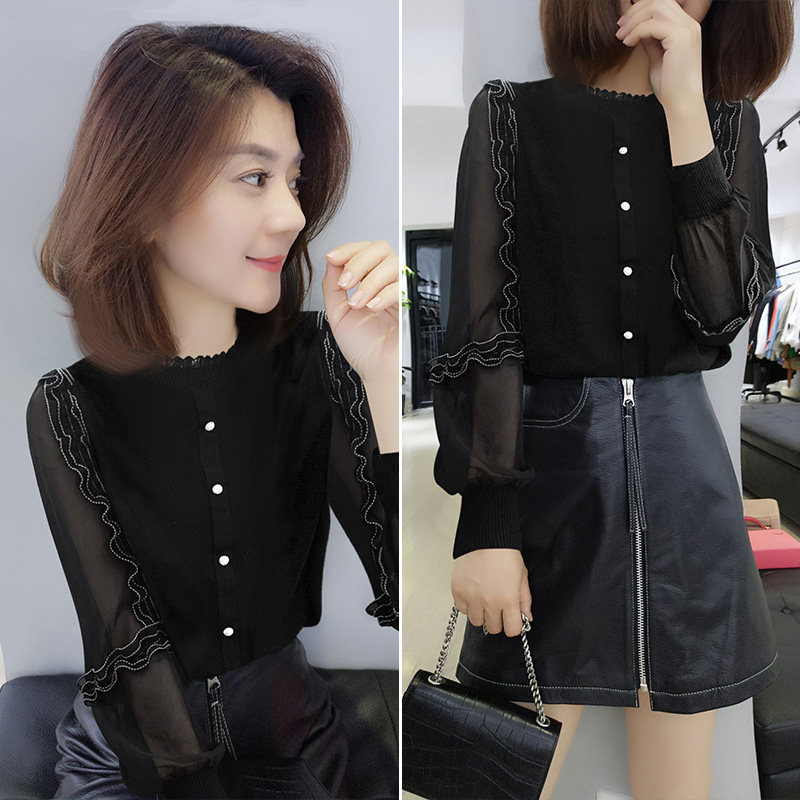 蕾丝袖拼接时尚网纱针织衫修身百搭气质上衣女秋新款2021欧洲站潮