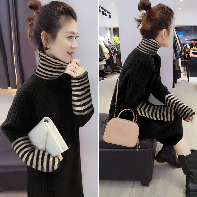 休闲条纹高领中长款慵懒毛衣连衣裙欧洲站秋季女装2020新款欧货潮