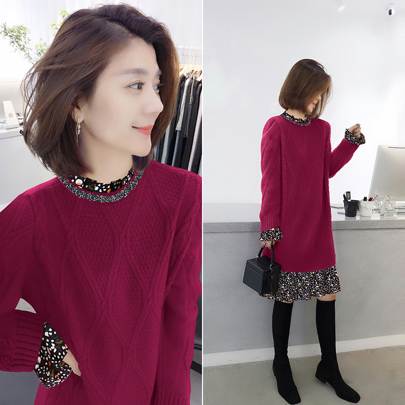 紫红色气质中长款针织碎花拼接连衣裙欧洲站秋季女装2020新款欧货