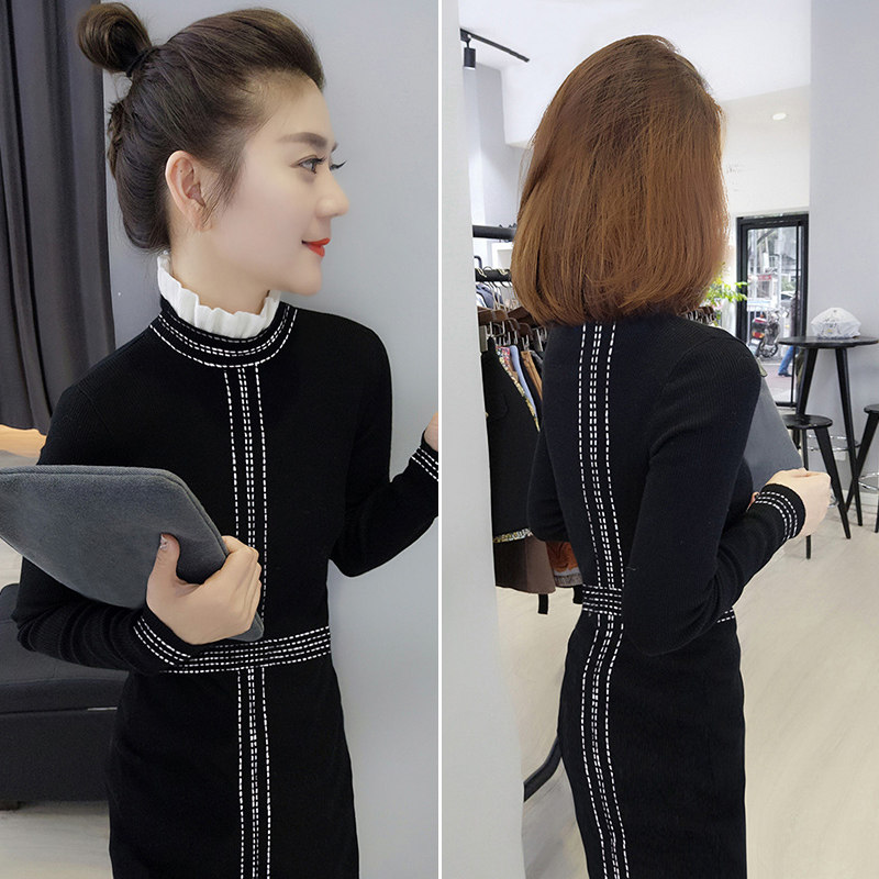 气质拼接假两件中长款针织打底连衣裙欧洲站秋季女装2020新款欧货