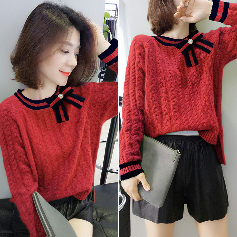 欧洲站秋季女装2020新款欧货时尚新年宽松上衣车厘子红针织衫毛衣