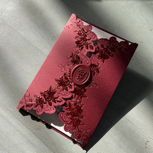 新西式玫瑰婚礼请柬letterpress凸版定制请帖凹印喜帖邀请函暗红