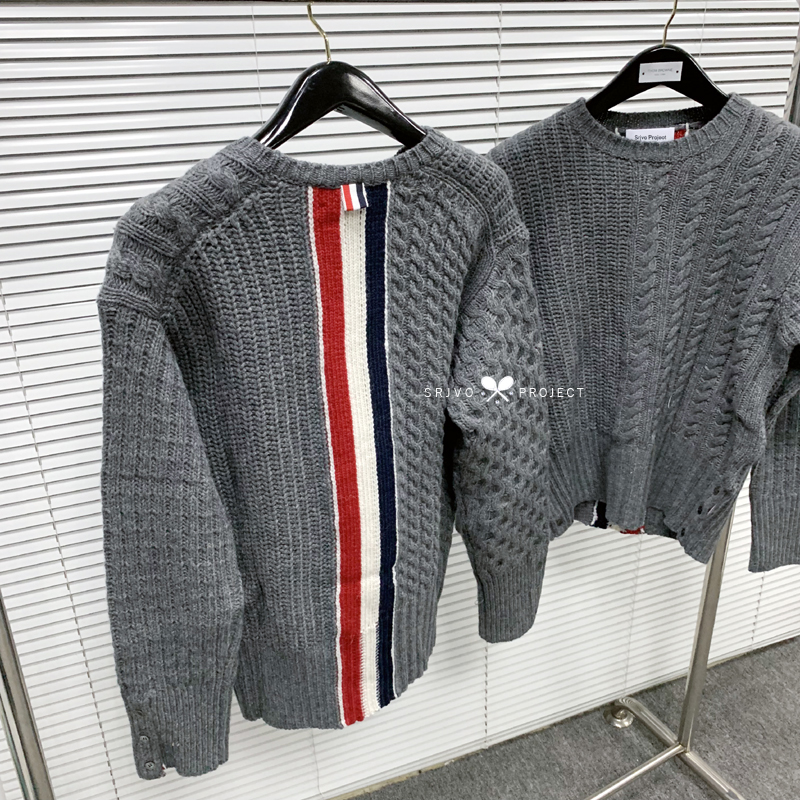 TB复古麻花套头毛衣男士红白蓝