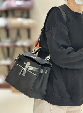 内缝swift皮双口袋凯莉包真皮手提包宽肩带单肩包头层小牛皮女包