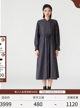 EXCEPTION例外女装2025冬季新品立领打褶设计宽松中式绣花连衣裙