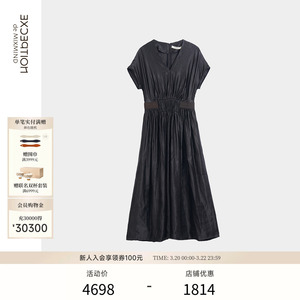 EXCEPTION例外女装春夏款连衣裙丝麻手工立褶短袖收腰A字裙子长裙