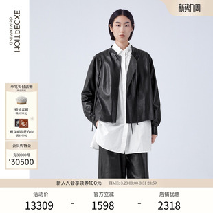 外套女 皮衣羊皮革斜襟绑带开衩设计短款 EXCEPTION例外女装 秋冬款