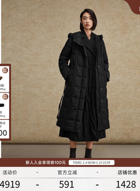 EXCEPTION例外女装秋冬款收腰修身保暖白鹅绒长款黑色羽绒服外套