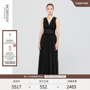 EXCEPTION例外女装 天丝重工苗绣工艺A字裙气质V领连衣裙 春秋款