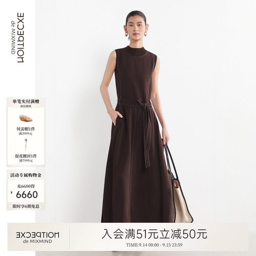 例外亚麻女立领连衣裙无袖混纺