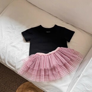 韩系女宝夏季半裙新款女童芭蕾风粉色格子网纱屁帘儿童叠穿蛋糕裙