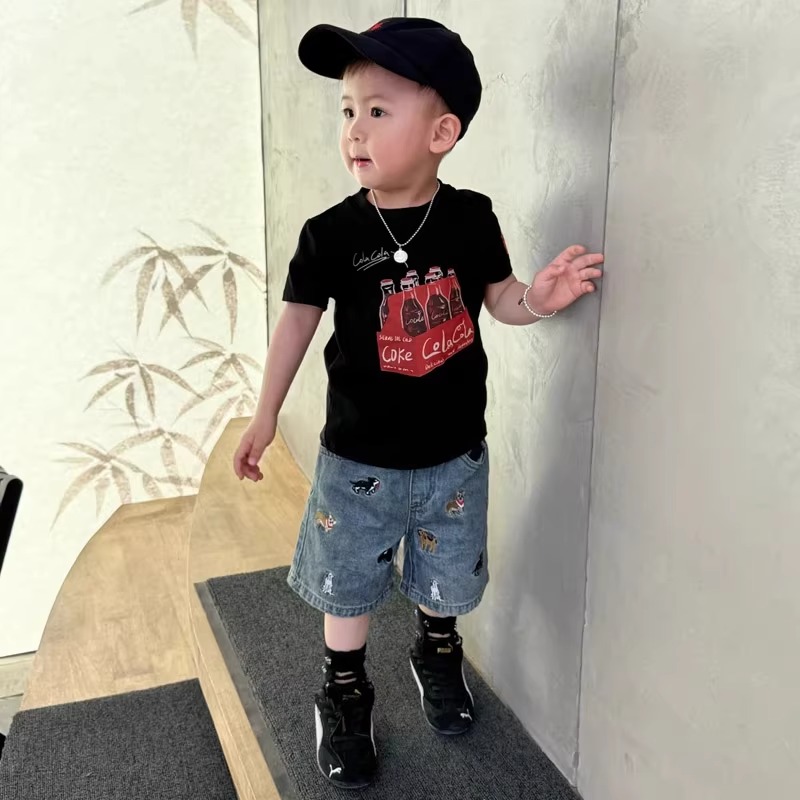 男童可乐印花短袖T恤2025新款儿童韩版可爱风女宝宝夏季圆领上衣