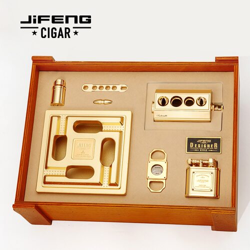 JIFENG季风雪茄套装台式剪烟灰缸充气打火机雪茄工具高档木盒包装
