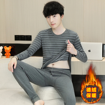 秋冬季青少年条纹秋衣秋裤套装男孩保暖内衣初中高中学生大童德绒