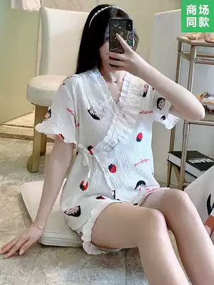 Summer pajamas ladies short sleeves cute thin cotton kimono spring and autumn gauze Japanese sweet home clothes two-piece set