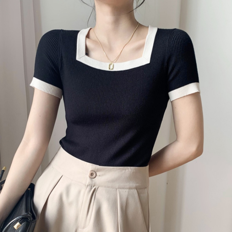 黑色短袖女t恤春法式别致上衣高级感撞色修身显瘦方领针织小衫G