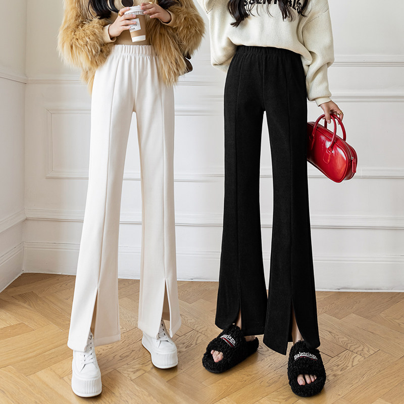 雪尼尔灯芯绒微喇裤女2021秋冬新款高腰宽松开叉小个子白色阔腿裤