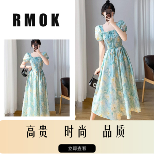 甜美温柔风方领碎花连衣裙小众收腰显瘦印花长裙RMOK 法式