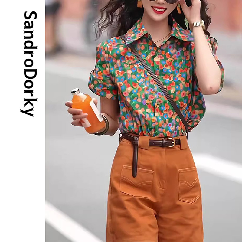 海外代购SandroDorky夏季新款套装女港风复古碎花衬衫穿搭两件套