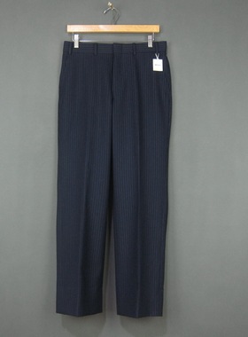 日本产 纯羊毛深蓝色条纹长裤 直筒商务绅士中年休闲男装西裤 W78