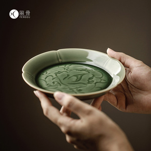 【越窑青瓷浮雕壶承】落红如雨青梅似豆 国风小壶承 果盘 茶点盘