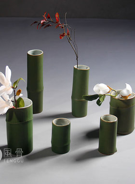 景德镇手工吹釉茶空间酒店民宿餐馆竹节花瓶插花花器笔筒支持定制