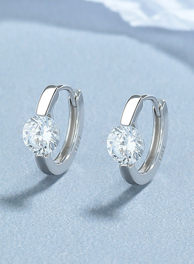 通体S925纯银圆形锆石耳环女个性精致夹钻耳圈简约耳饰睡觉免摘