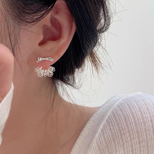 S925纯银甜美蝴蝶结蕾丝耳钉女一款两戴芭蕾裙子耳环女童养耳洞