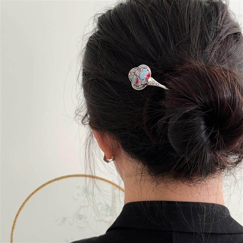 简约珐琅彩簪子复古宫延古典景泰蓝发簪S925纯银女盘发银簪高级感