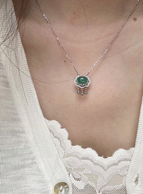 925纯银清冷系国风平安锁绿玛瑙项链女新中式长命锁锁骨链0019A