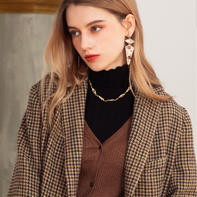 AI霸占早春 复古经典犬牙格纹羊毛西装大衣 廓形显瘦 韩版外套女