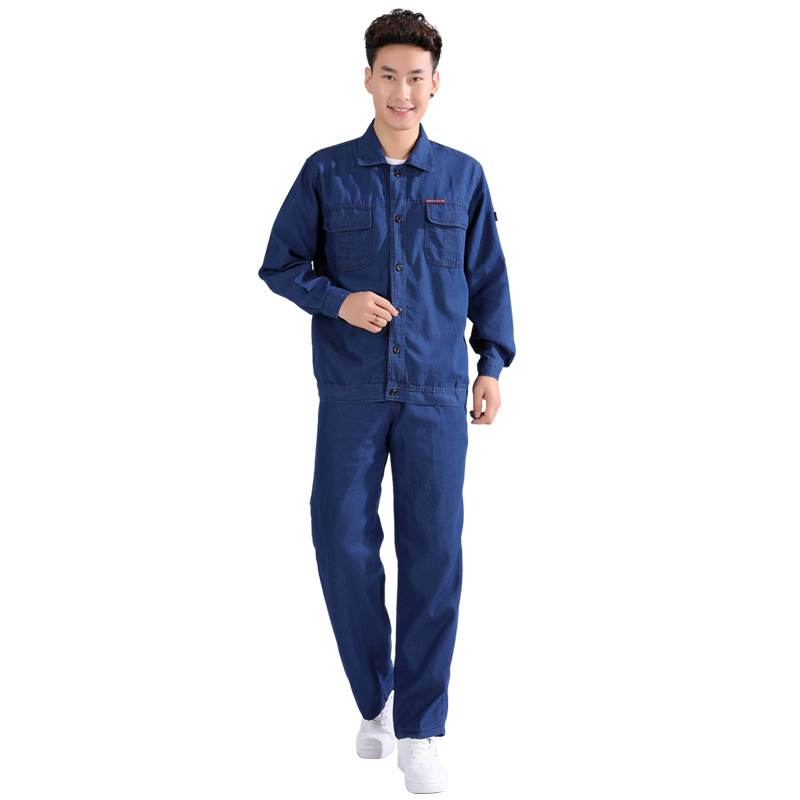 夏季薄款牛仔工作服套装男 焊工电焊劳保服棉防烫长袖工装裤厂服