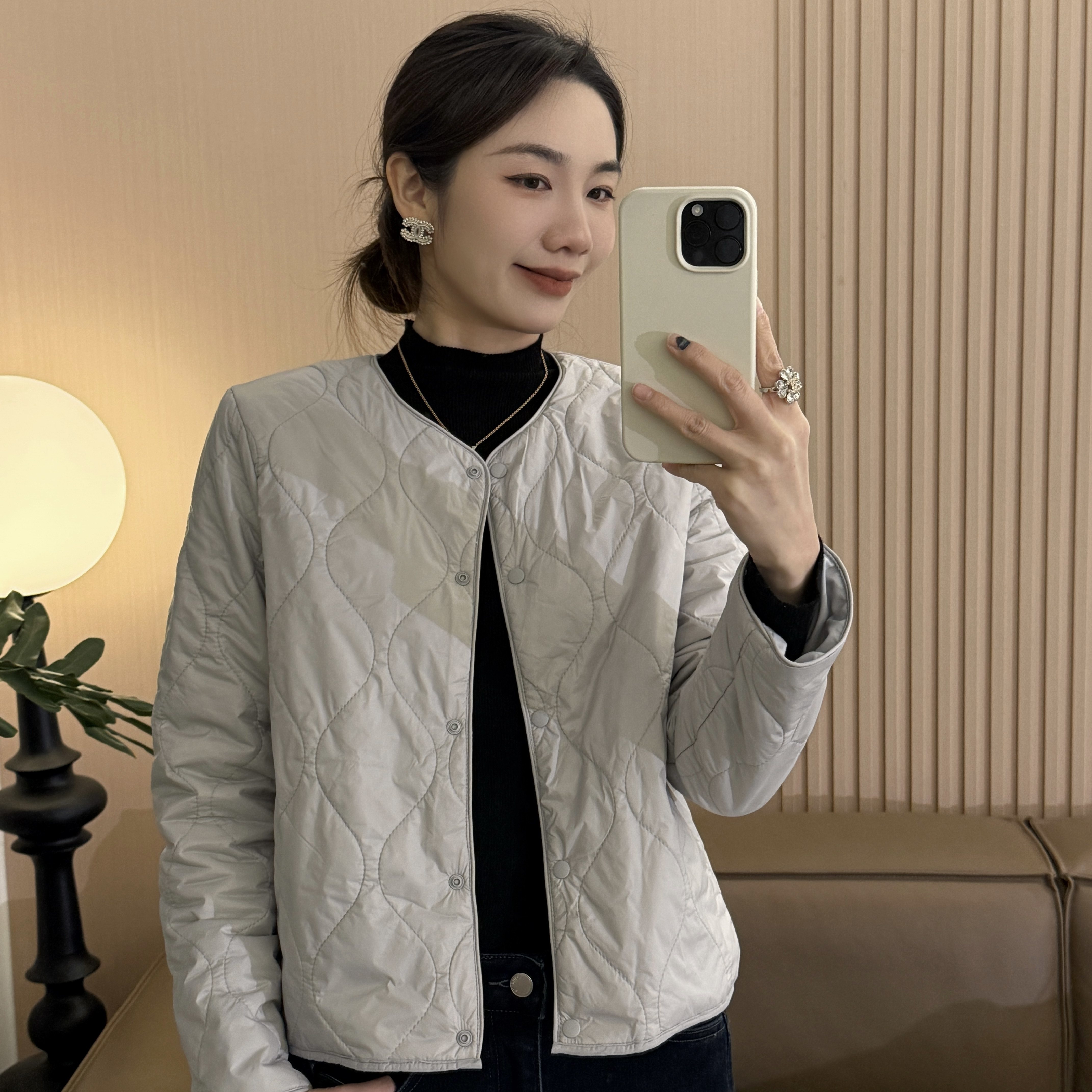 100%桑蚕丝填充保暖外套圆领V领棉服冬季