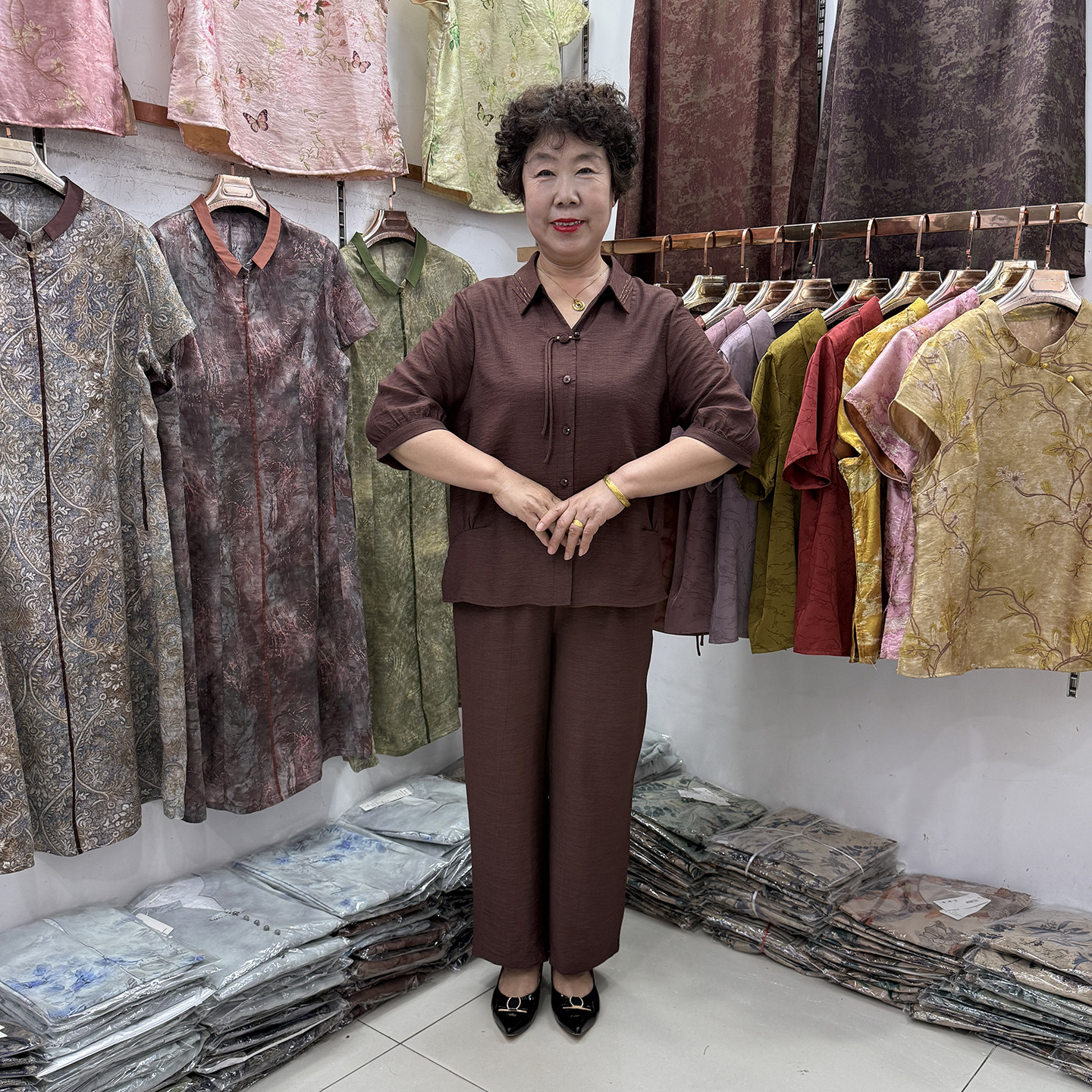 中年妈妈新中式套装翻领盘扣中袖开衫宽松阔腿裤休闲气质两件套