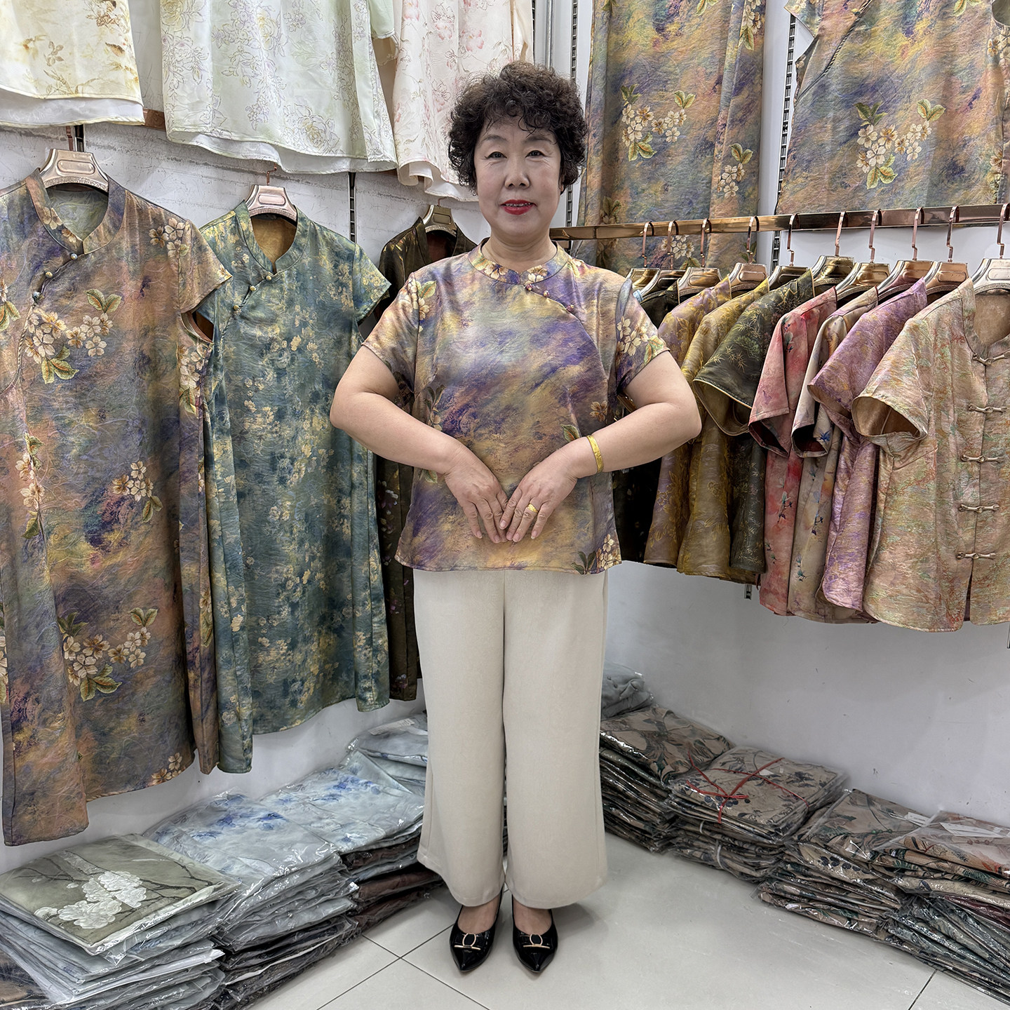 妈妈夏季新中式斜襟盘扣短袖仿真丝印花宽松气质上衣衫奶奶两件套