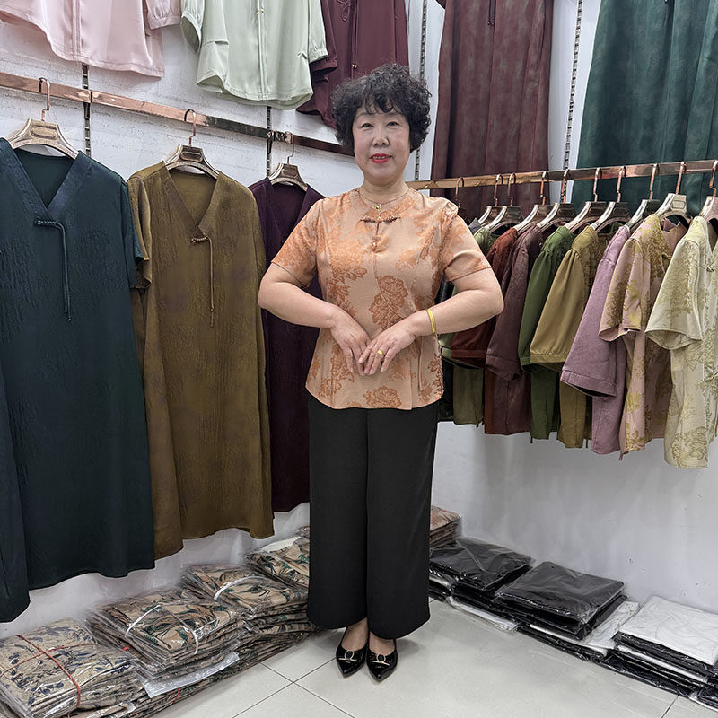 妈妈国风复古花缎面短袖衬衫中年女士薄款收腰斜襟t恤衫洋气套装