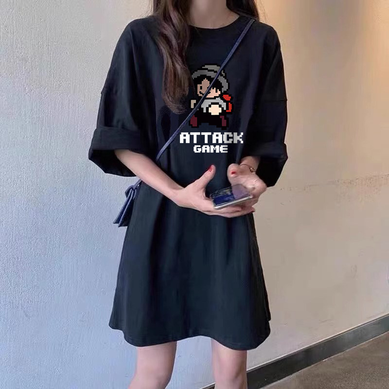 thumbnail for 纯棉黑色短袖T恤裙女2026年夏季大码胖mm宽松休闲中长款连衣裙女