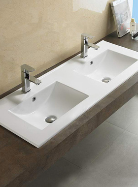 方形半嵌入式薄边一体陶瓷双盆洗手池洗漱洗脸盆柜盆1.2米平底