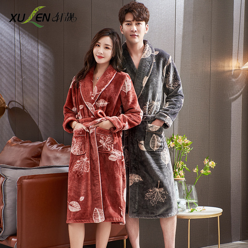 情侣睡袍男秋冬季法兰绒加厚长款睡衣保暖大码冬天女士珊瑚绒浴袍