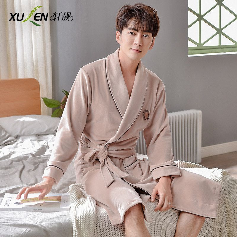 海岛绒睡袍男士加厚保暖长款连体冬款浴袍秋冬男款薄款珊瑚绒睡衣