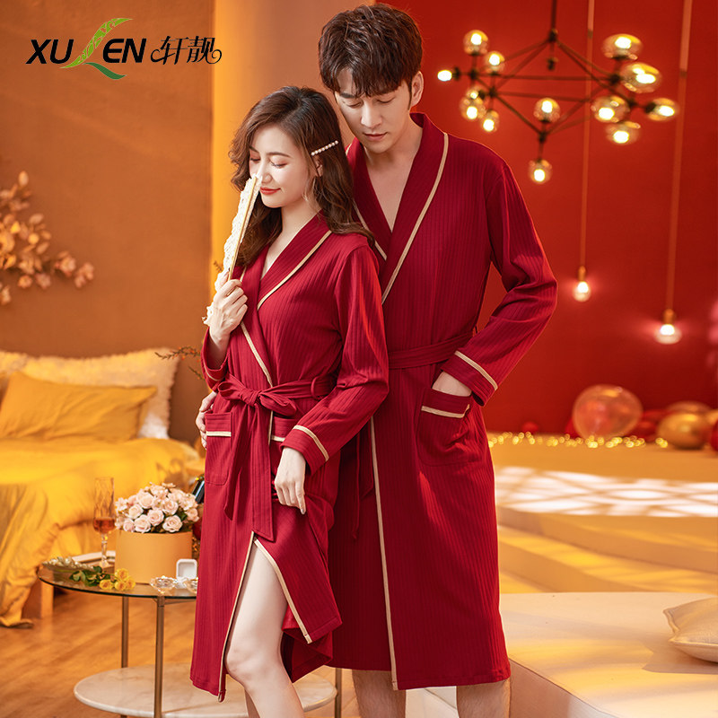 情侣睡衣女春秋季纯棉性感睡袍新娘晨袍浴袍男红色新婚结婚家居服