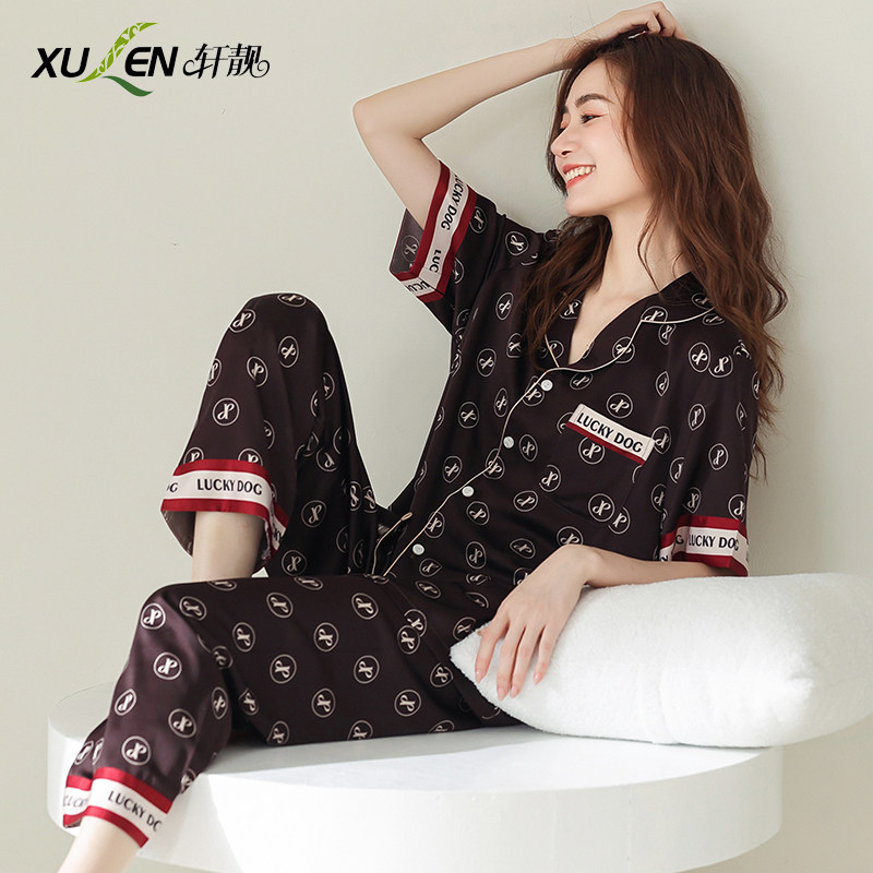 睡衣女夏天薄款冰丝短袖长裤2022年夏新款仿真丝绸夏季家居服套装