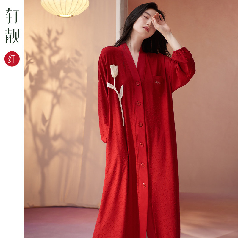 轩靓睡裙女春秋纯棉长袖红色新婚结婚睡袍睡衣大码结婚家居服晨袍