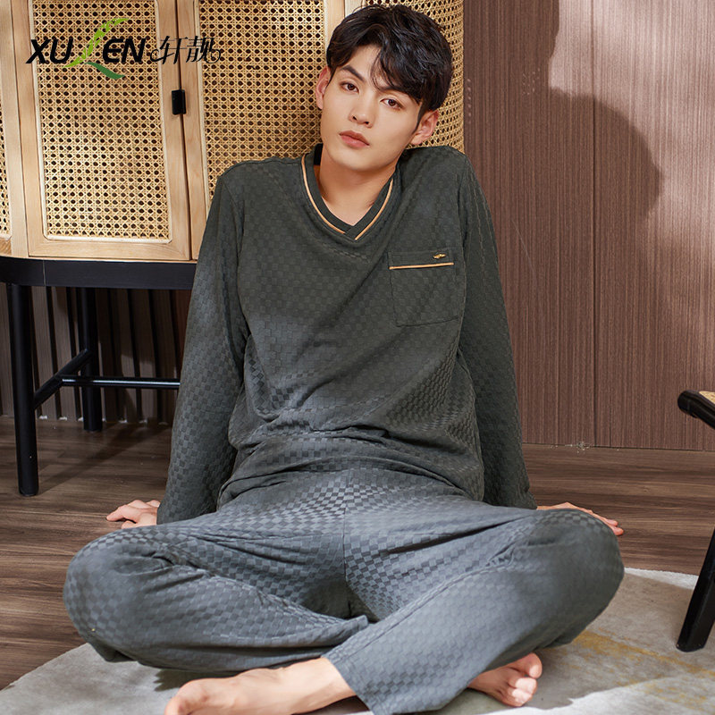 纯棉睡衣男士春秋季秋天长袖纯色家居服男式加肥大码宽松套装秋冬