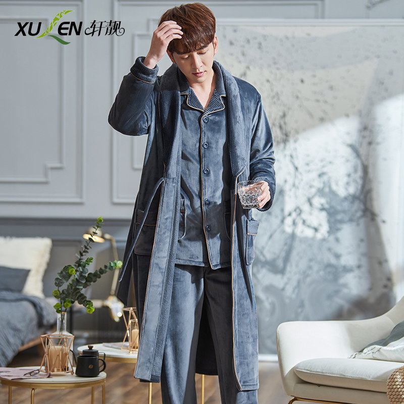 睡衣男秋冬季珊瑚绒保暖宽松大码长款浴袍春秋海岛绒睡袍三件套装