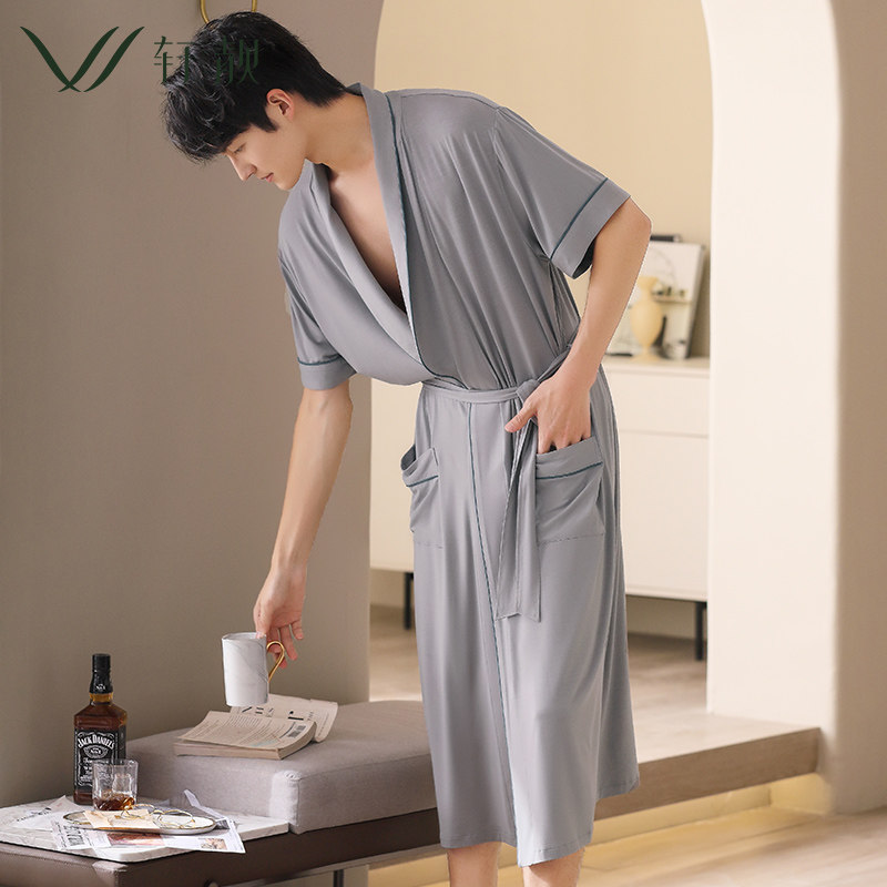 睡袍男夏季薄款莫代尔冰丝凉感短袖中长款睡衣家居服大码浴袍晨袍