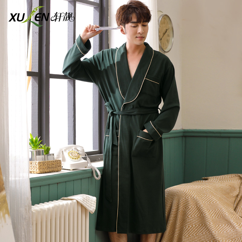 睡袍男士春秋季纯棉长袖长款睡衣男薄款一体式全棉浴衣加大码浴袍