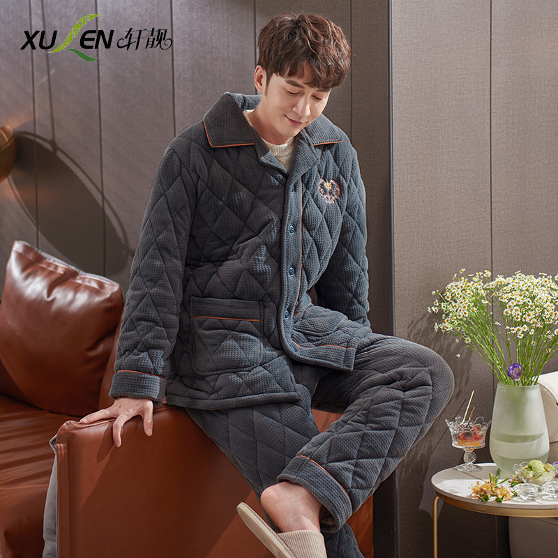 睡衣男士冬季加绒冬天保暖三层加厚夹棉袄珊瑚绒可外穿家居服套装