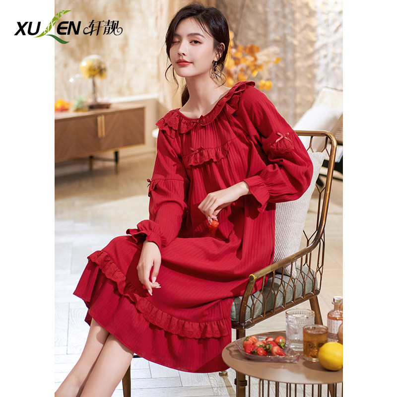 睡裙女春秋季纯棉长袖公主风大码红色睡衣裙子秋天新娘结婚家居服